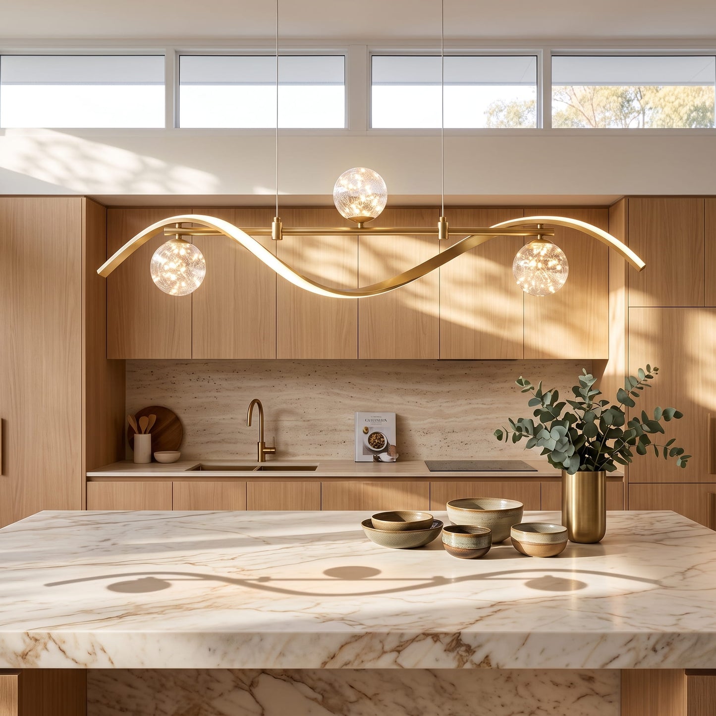 Rattan Pendant Light for Kitchen Island, 3 Light LED Pendant Lighting, Glass Pendant Light for Dining Room & Living Room, Natural Woven Design
