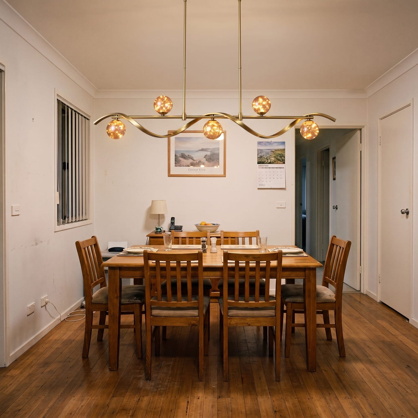 Linear Kitchen Island Lighting, 5-Light LED Pendant Fixture in Gold, Dimmable with Glass Globe Shades
