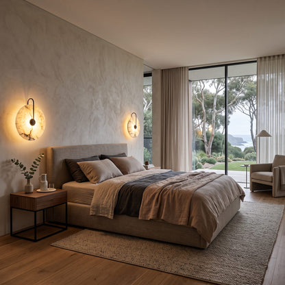 Alabaster Wall Sconce Round Nordic Marble Wall Lamp Metal Base Living Room Bedroom Light Fixture