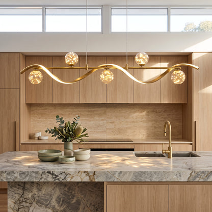 Linear Kitchen Island Lighting, 5-Light LED Pendant Fixture in Gold, Dimmable with Glass Globe Shades