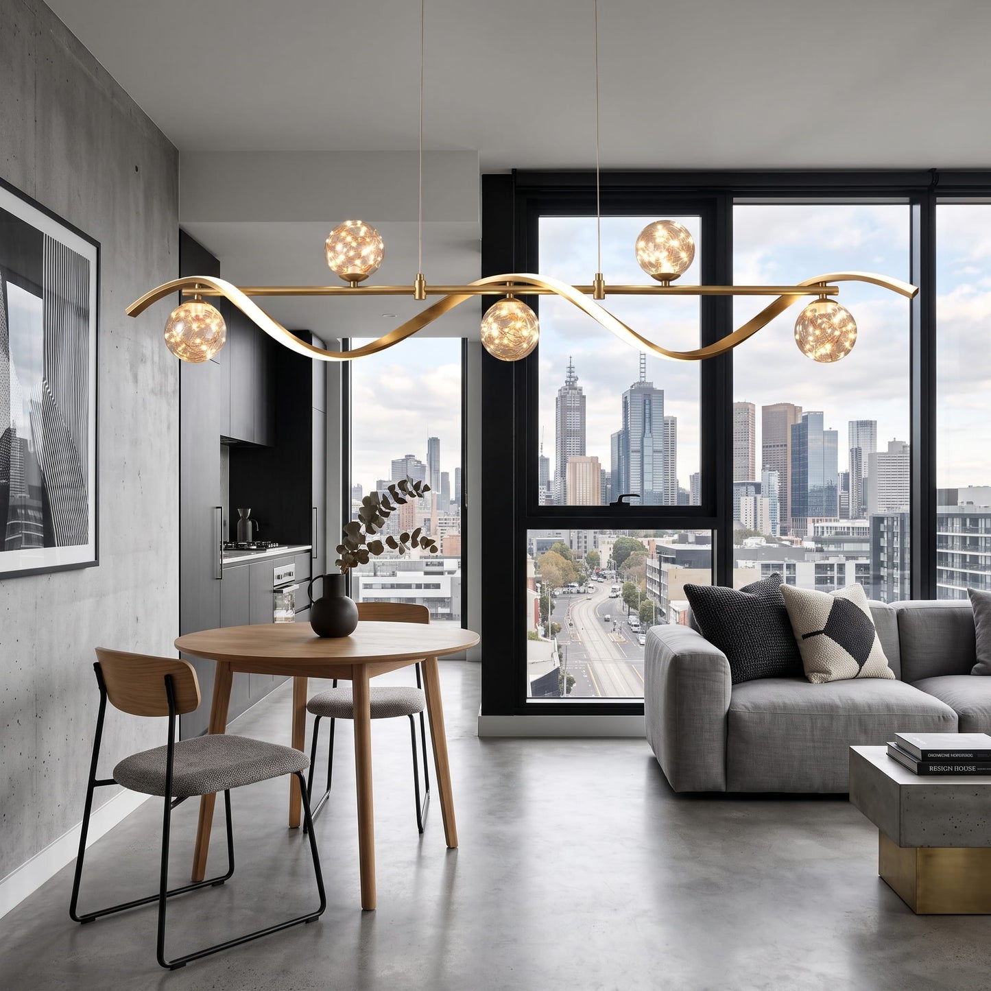 Linear Kitchen Island Lighting, 5-Light LED Pendant Fixture in Gold, Dimmable with Glass Globe Shades