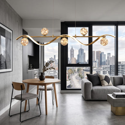 Linear Kitchen Island Lighting, 5-Light LED Pendant Fixture in Gold, Dimmable with Glass Globe Shades